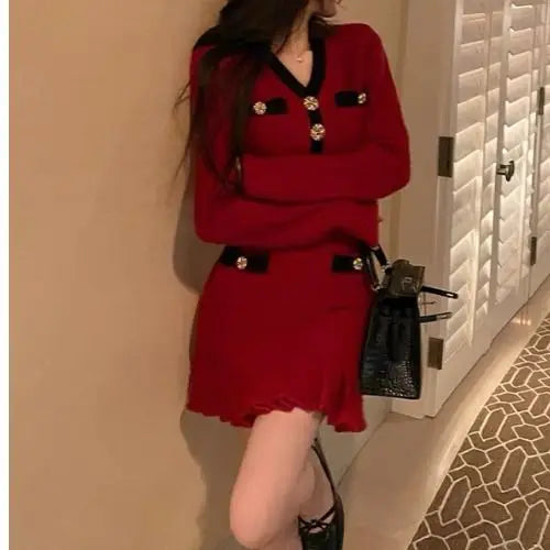 M&T Wear - Elegant V-Neck Slim Fit Knit Mini Dress