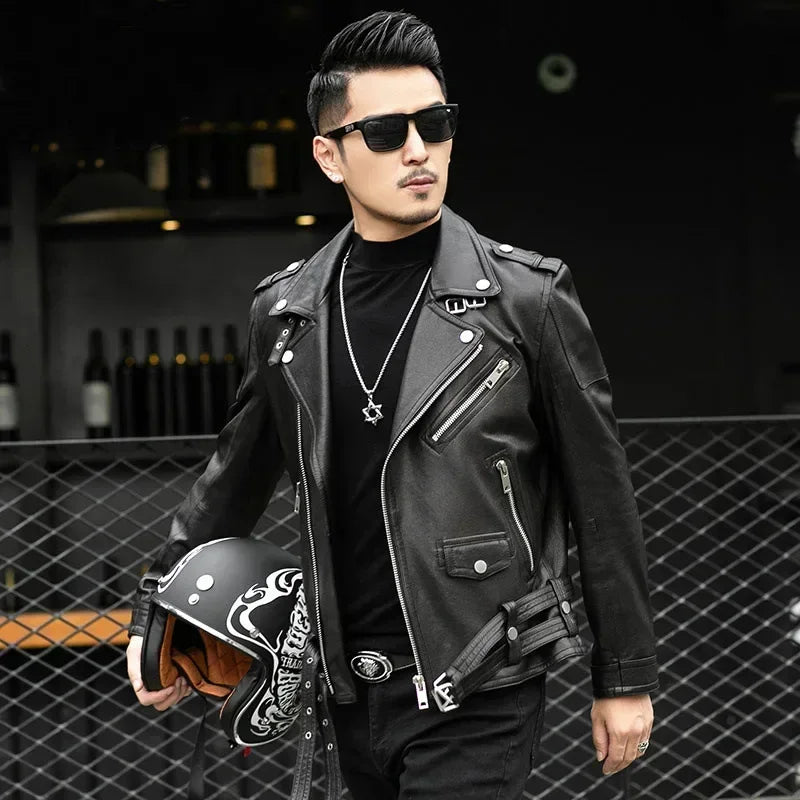 M&T Wear - Men Outdoor Sport Leather Jacket Motorcycle Cool Coat Jacket Men Lapel Leather Jackets Mens Fashion Clothing Real Leather Coat