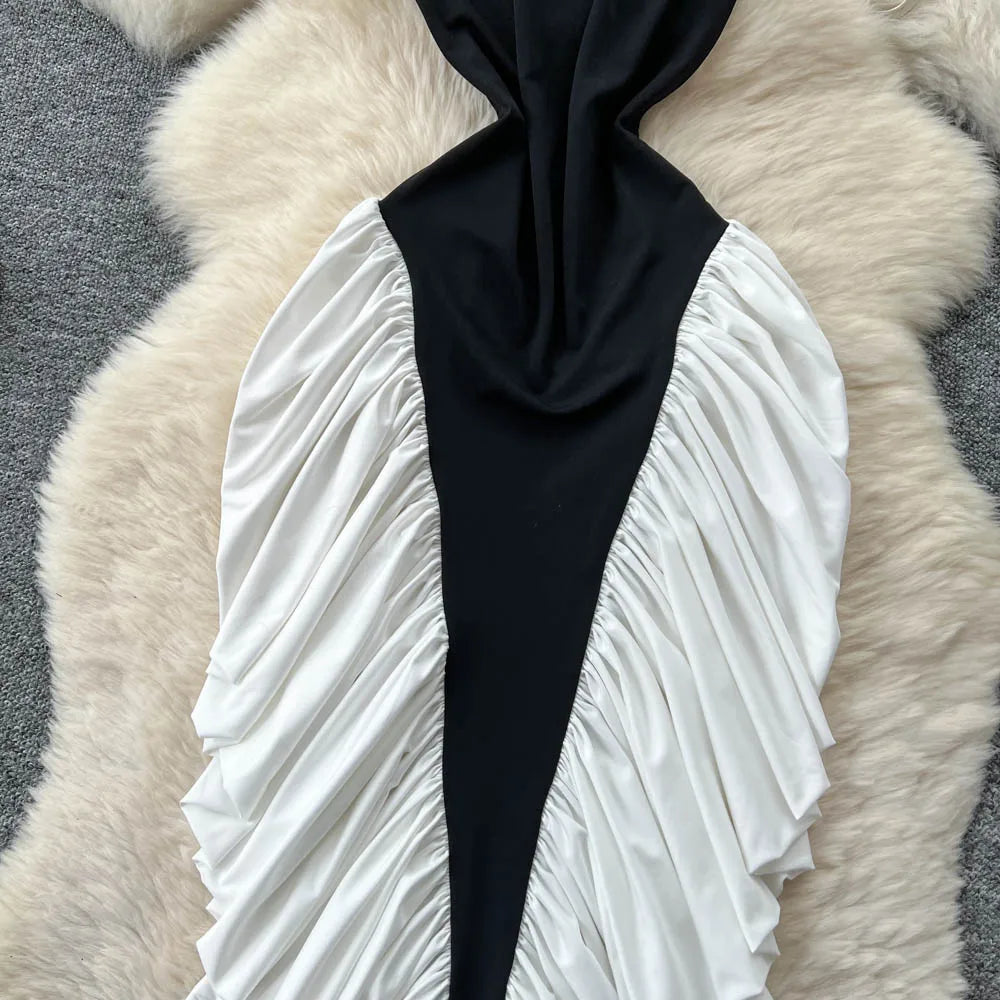 M&T Wear - American Sexy Halter Dress Female Sleeveless Backless Trendy Patchwork Irregular Long Dress