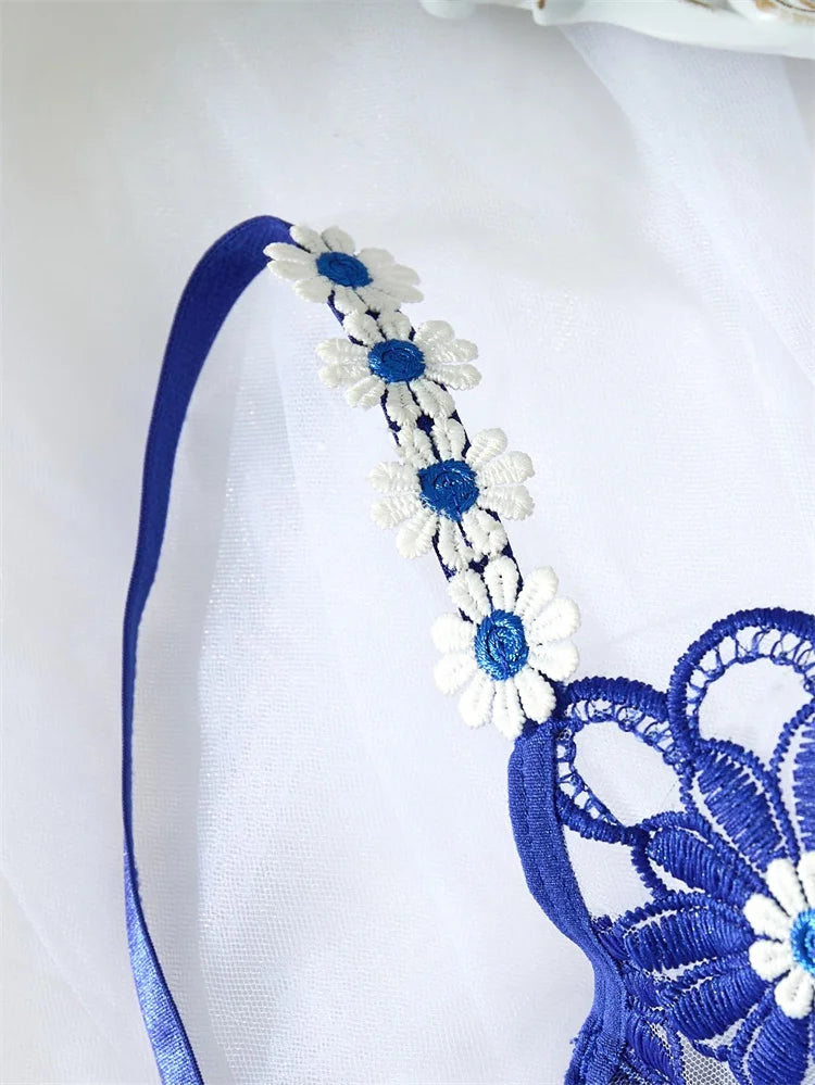 M&T Wear - Fairy Sexy Lingerie Floral Embroidery Wire Bra Set Deep Blue Mesh Underwear Transparent Lingerie Honeymoon Intimate Lingerie Set