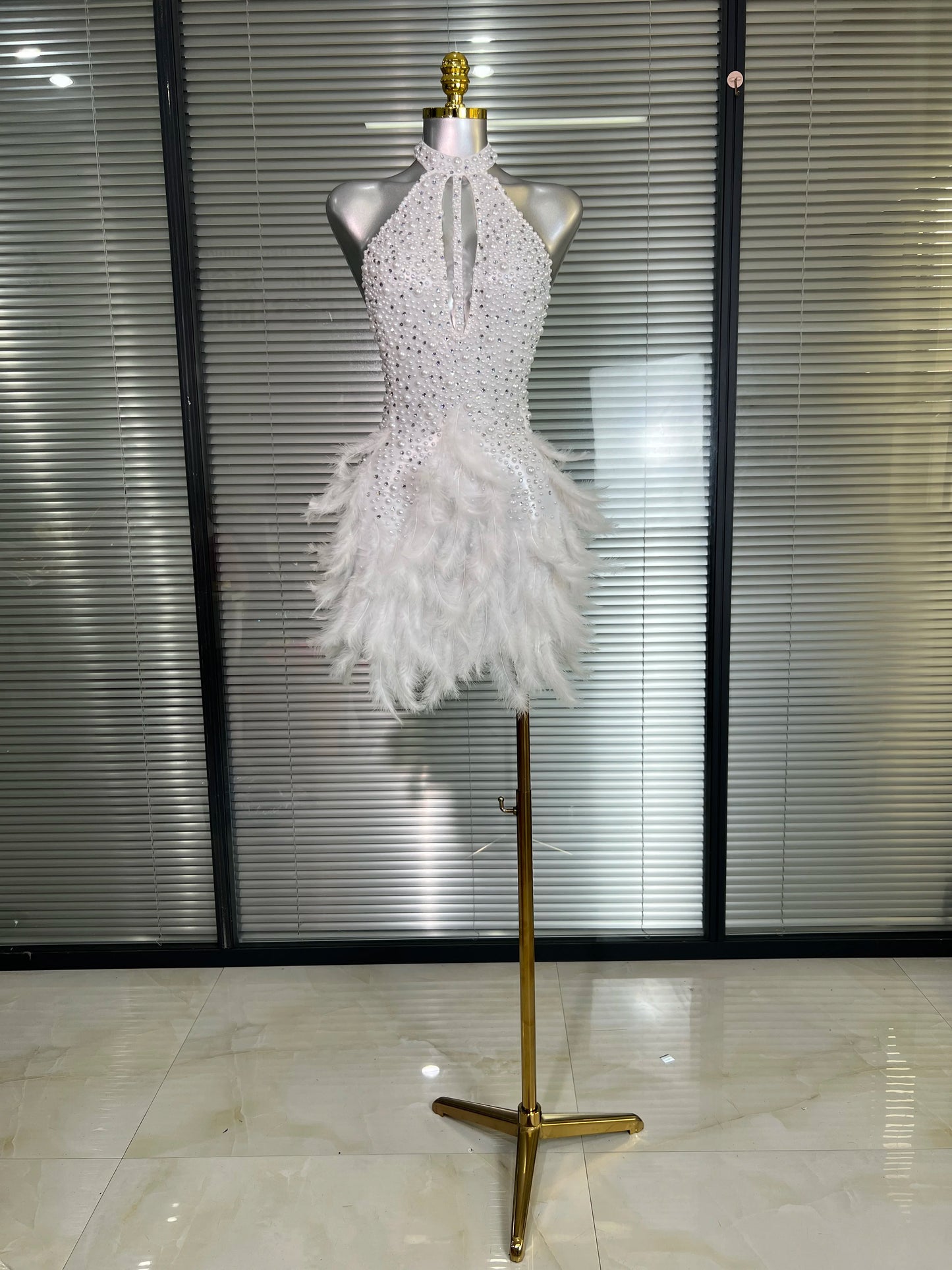 M&T Wear - Women Sexy White Backless Mesh Crystal Diamonds Feathers Performance Costume Stage Dancer Mini Stretchy Night Club Party Dress