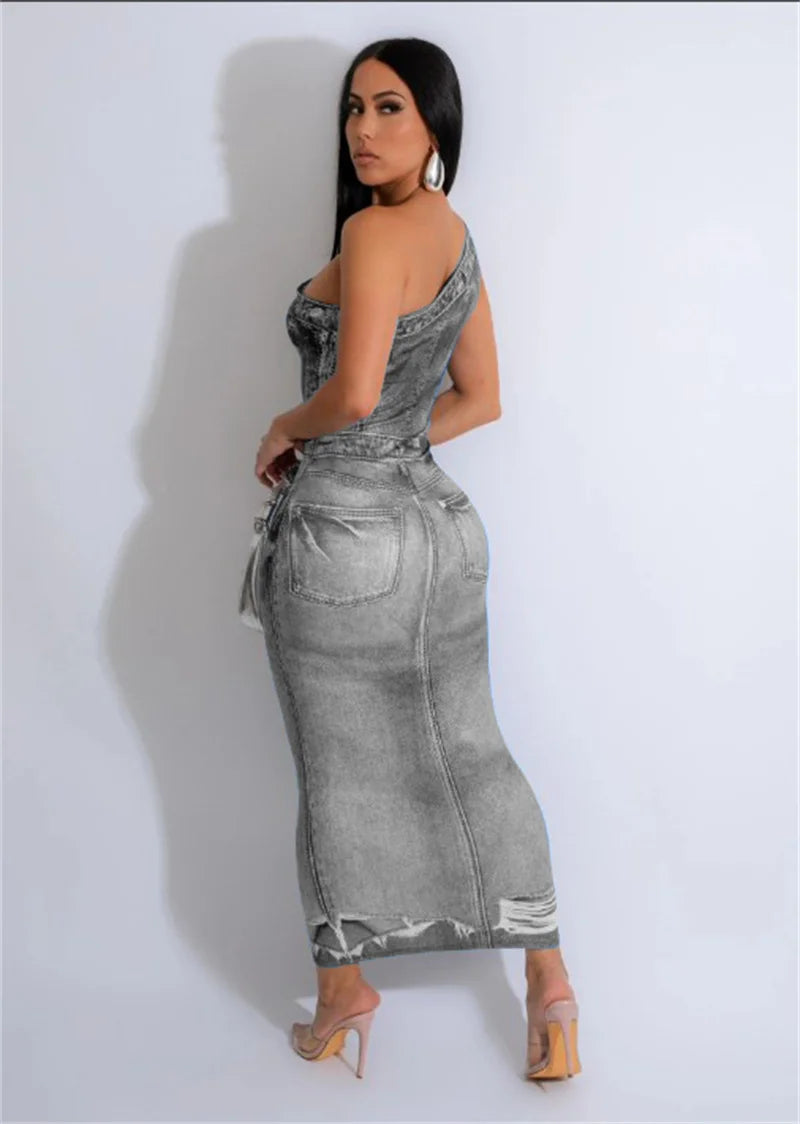 M&T Wear- Fake Denim 3D Print One Shoulder Bodycon Maxi Dress Women 2025 Party Night Sleeveless Clubwear Birthday Long Dresses Vestido