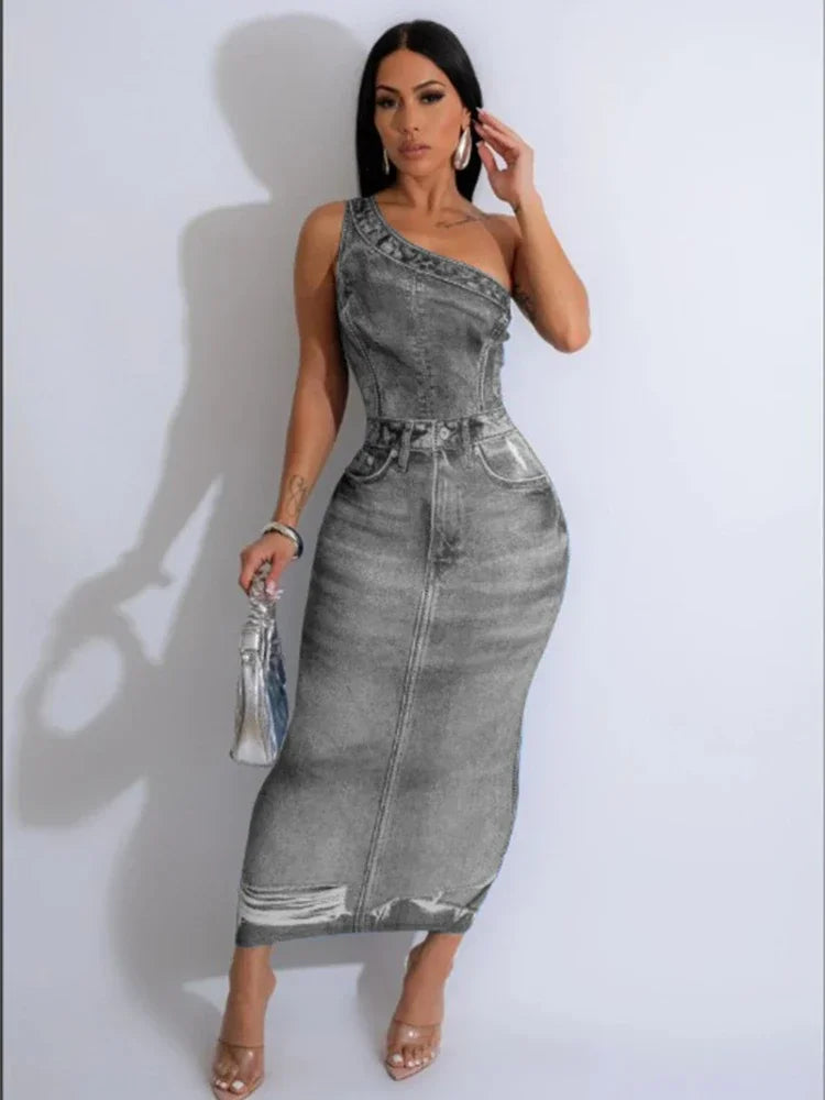 M&T Wear- Fake Denim 3D Print One Shoulder Bodycon Maxi Dress Women 2025 Party Night Sleeveless Clubwear Birthday Long Dresses Vestido
