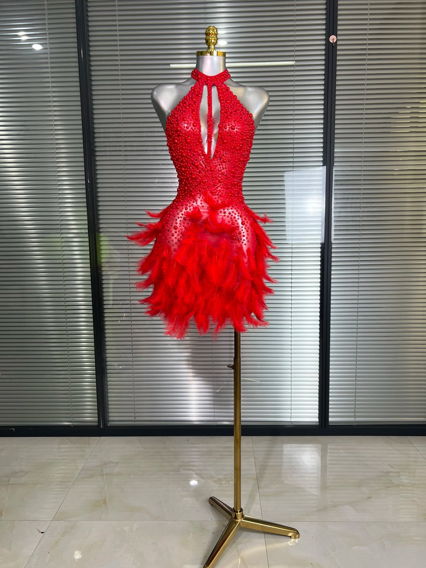 M&T Wear - Women Sexy White Backless Mesh Crystal Diamonds Feathers Performance Costume Stage Dancer Mini Stretchy Night Club Party Dress