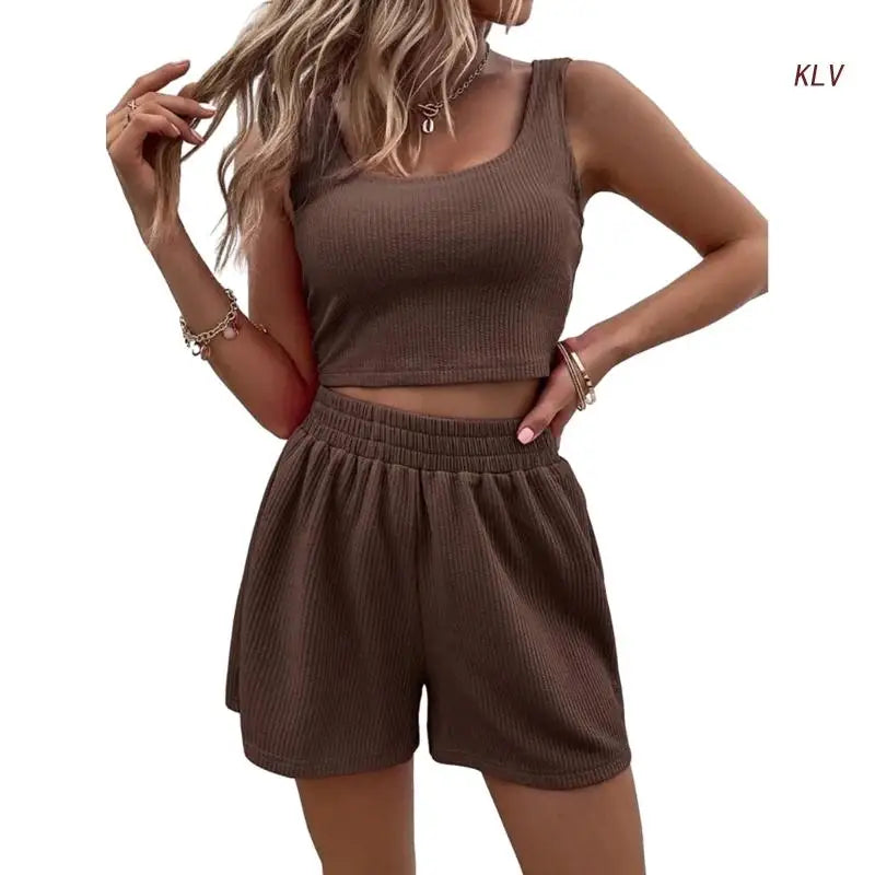 M&T Wear - Women Tracksuit Set 2 Piece Two Piece Outfits For Women Sexy Shorts Set Ribbed Top And Shorts Set Lounge Set