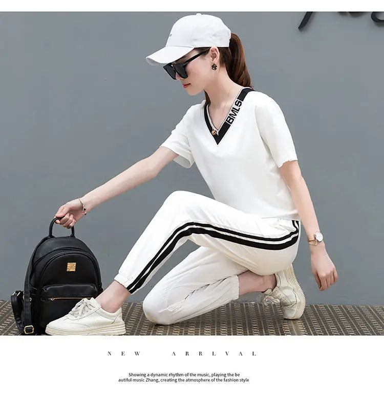 M&T Wear - Tracksuits Women 2 Pieces Sets Casual Short Sleeve V-Neck Pullover Tops Trousers Sportswear Suit 2025 New Elegant Female Clothes