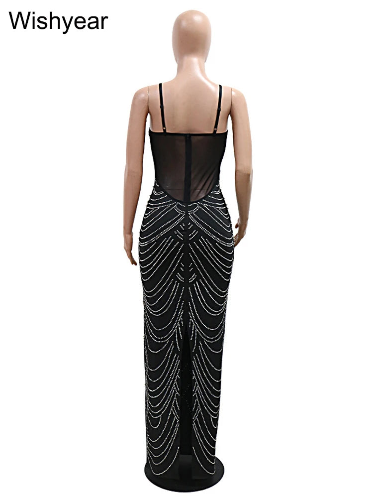 M&T Wear - New Luxury Sparkly Crystal Rhinestone Pearl Celebrities Gown Brown Dress Woman Strap Evening Party Birthday Prom Wedding Vestido