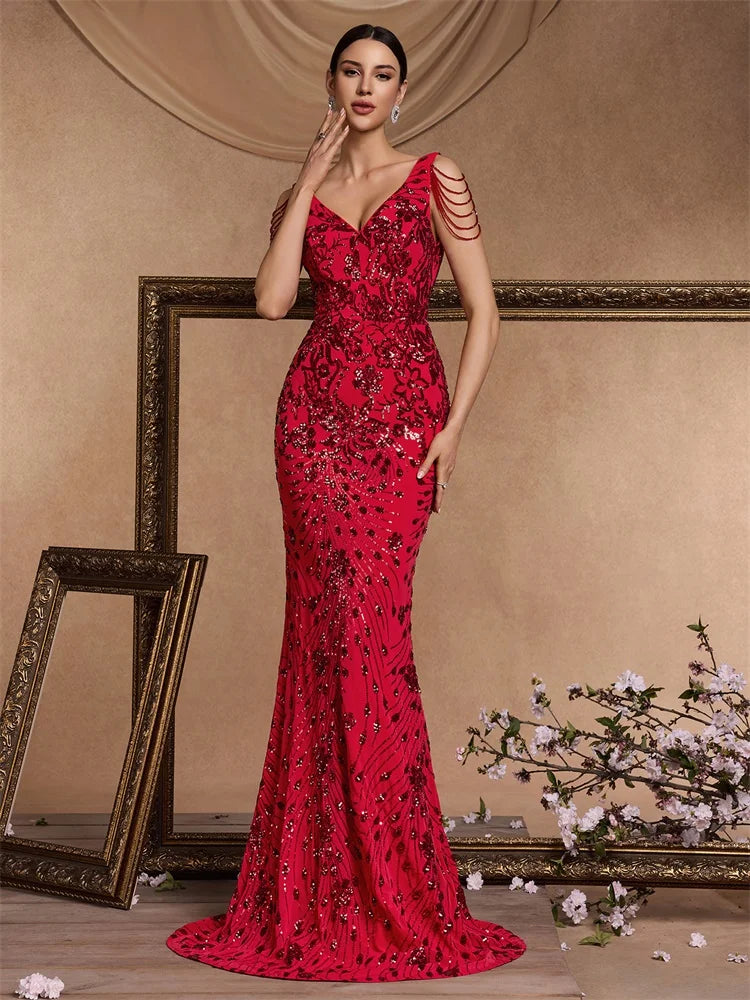 M&T Wear - Elegant Deep V-Neck Red Sequin Formal Evening Dresses Women Beading Wedding Party Mermaid Cocktail Prom Graduation Gown
