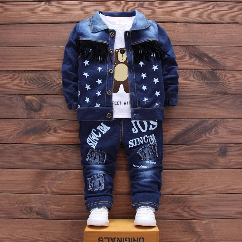 M&T Wear - Kids New Denim Jacket Boys Coat Toddler Sport Clothes Suit Clothing Set Cotton Jeans Coat T-shirt Pants Star Tracksuit Children