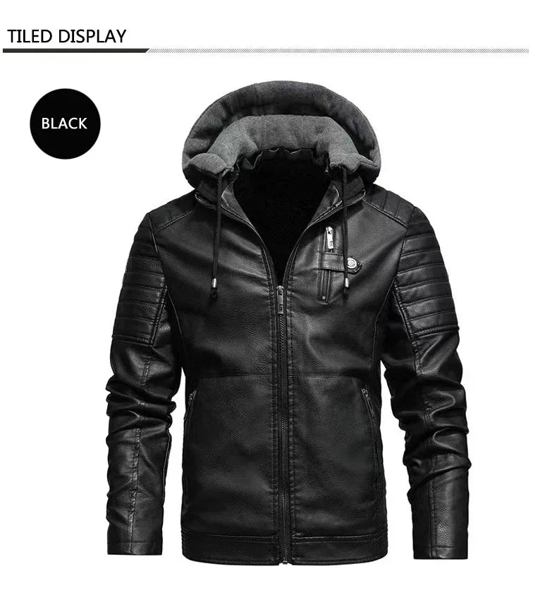 M&T Wear - Faux Leather Jacket Men Fashion Men's Hooded Jackets Autumn Winter Military Style Outwear Zipper Pockets Coat Detachable Hat