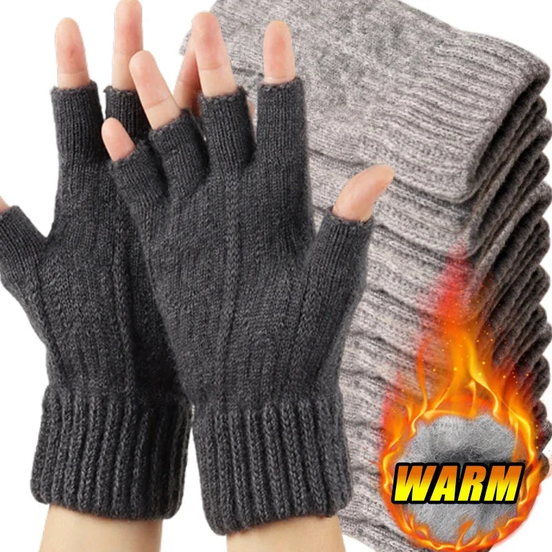 M&T Wear - Winter Gloves For Men Half Finger Writing Office Cycling Knitted Gloves Students Alpaca Wool Warm Thick Elastic Driving Gloves