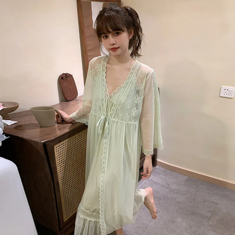 M&T Wear - Female Nighty & Robe Set Perspective Temptation Nightgown Intimate Lingerie Spring Summer Silk Satin Sleepwear Loose Home Dress