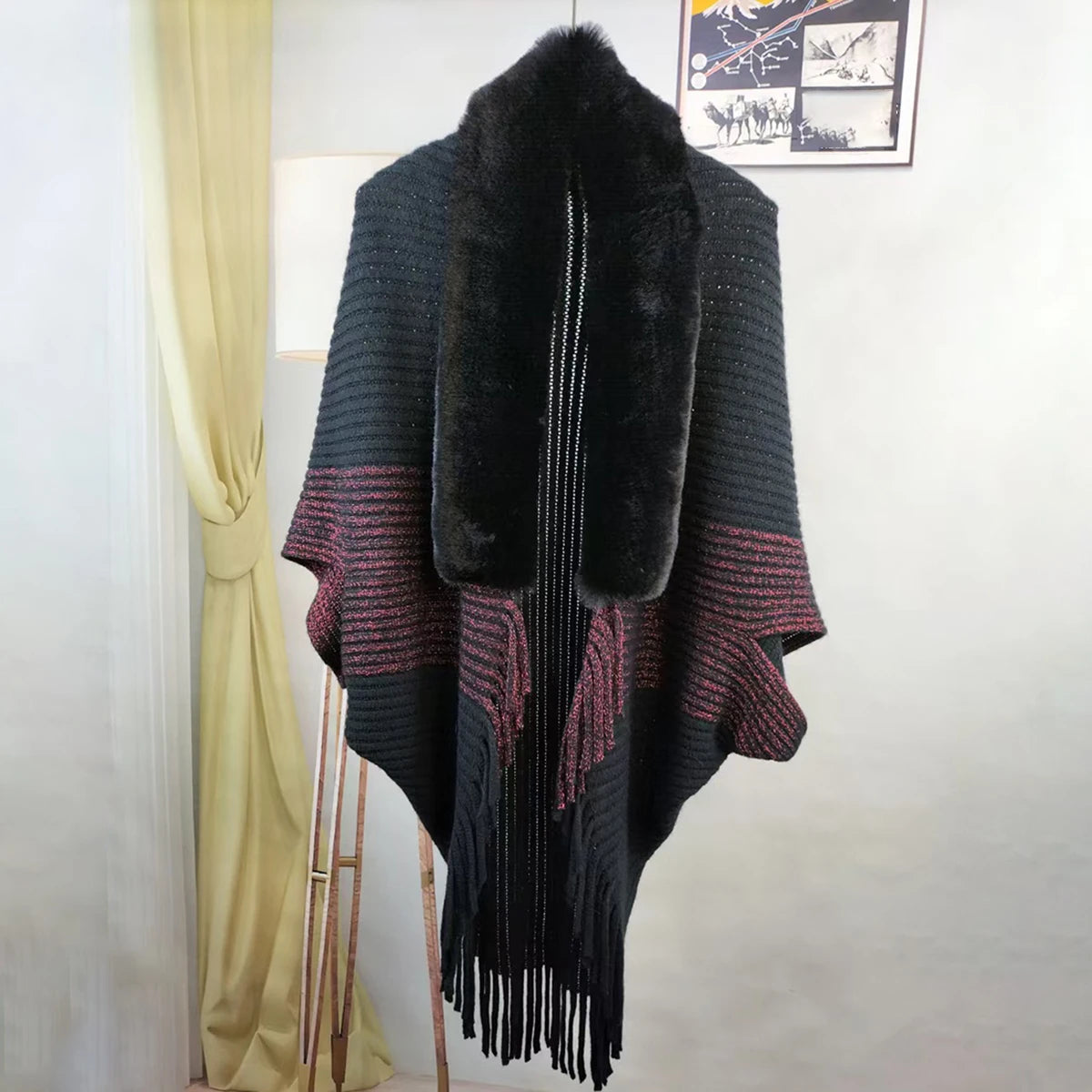 M&T Wear - Winter Hot Selling Women's Fur Collar Shawl Premium Quality Heavy Thick Knitting Shawl Luxury Designers Scarf Tassels Stoles