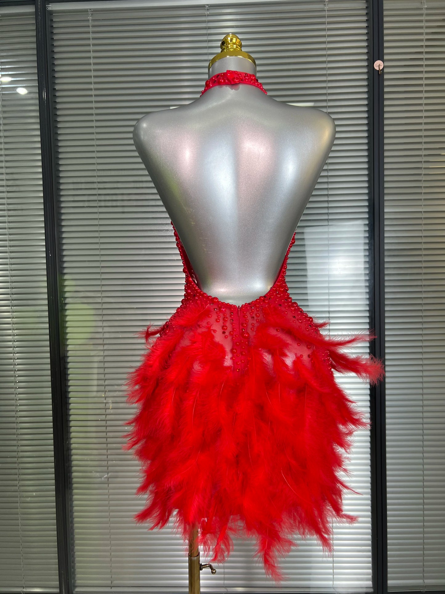 M&T Wear - Women Sexy White Backless Mesh Crystal Diamonds Feathers Performance Costume Stage Dancer Mini Stretchy Night Club Party Dress