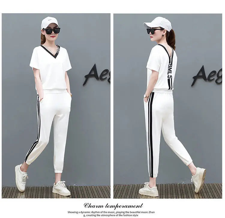 M&T Wear - Tracksuits Women 2 Pieces Sets Casual Short Sleeve V-Neck Pullover Tops Trousers Sportswear Suit 2025 New Elegant Female Clothes