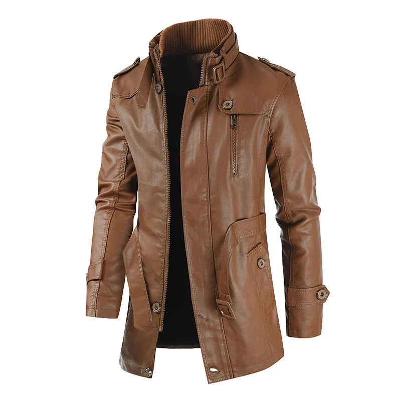 M&T Wear - Biker Jaqueta Winter Men's Thick Fleece Long Leather Jacket Coat mens Outwear Fashion Leather Warm Casual Vintage Jackets