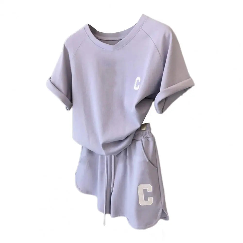 M&T Wear - Women Tracksuit C Letter Print Short Sleeve T-shirt Drawstring Shorts Sport Suit Lady Exercise T-shirt Shorts Two-piece Suit