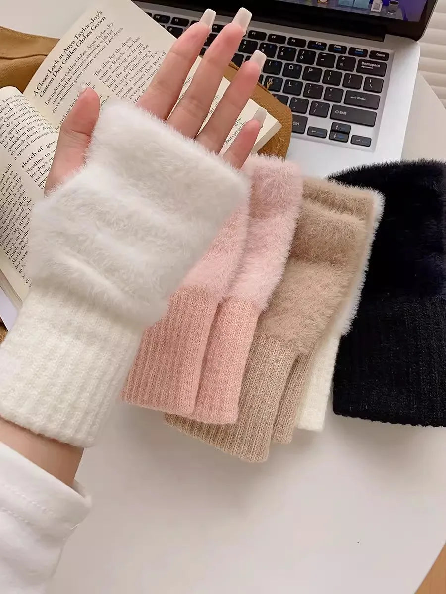 M&T Wear - Soft Winter Half Finger Gloves Women Warm Luxury Solid White Plush Knitted Fingerless Gloves Wrist Mittens Writting