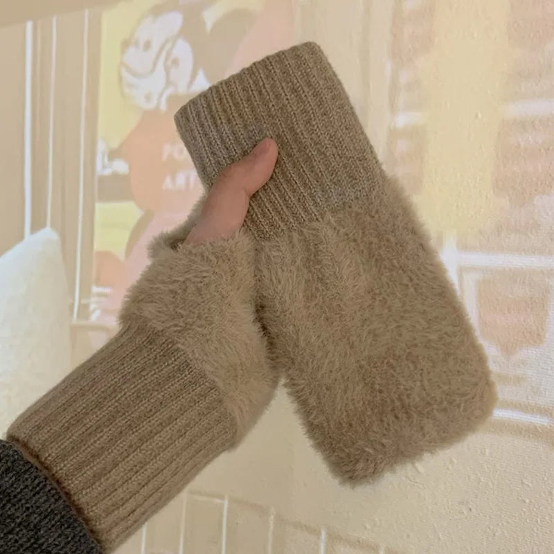 M&T Wear - Soft Winter Half Finger Gloves Women Warm Luxury Solid White Plush Knitted Fingerless Gloves Wrist Mittens Writting