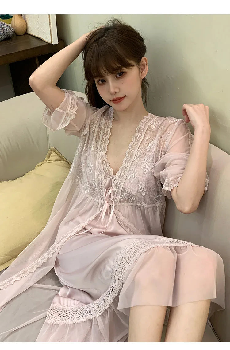 M&T Wear - Female Nighty & Robe Set Perspective Temptation Nightgown Intimate Lingerie Spring Summer Silk Satin Sleepwear Loose Home Dress