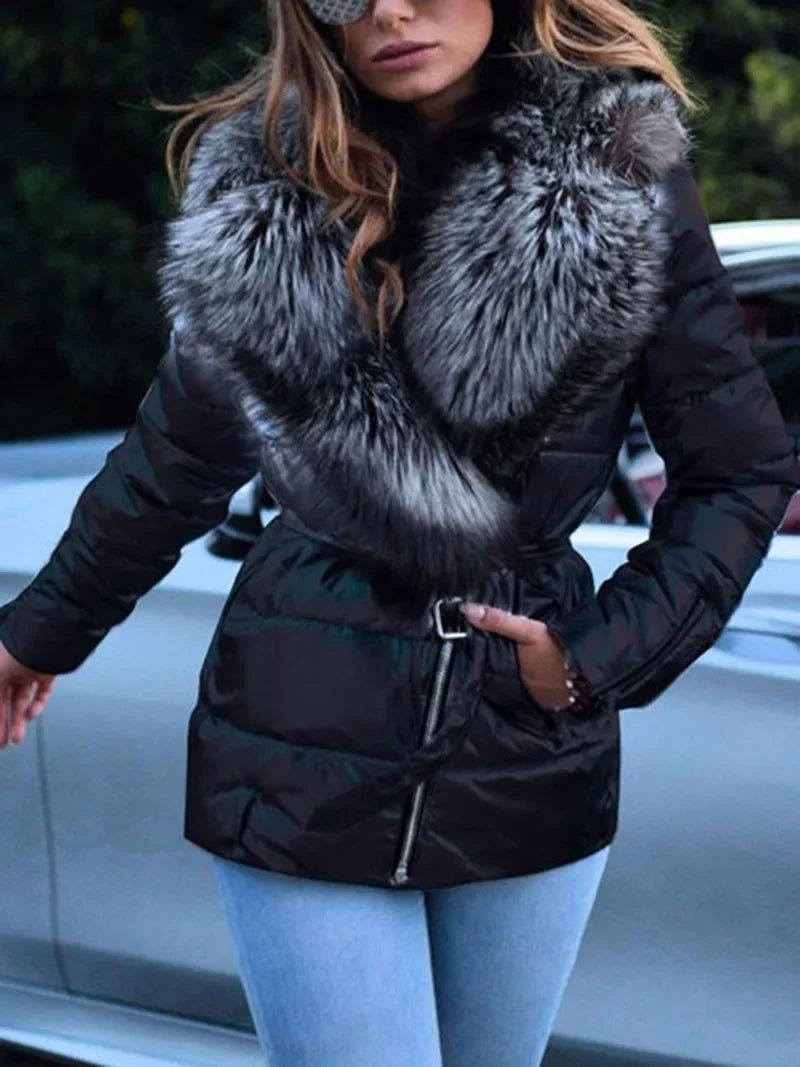 M&T Wear - Winter Coat Women Bright Surface Large Collar Short Down Cotton Jacket Punk Style Slim