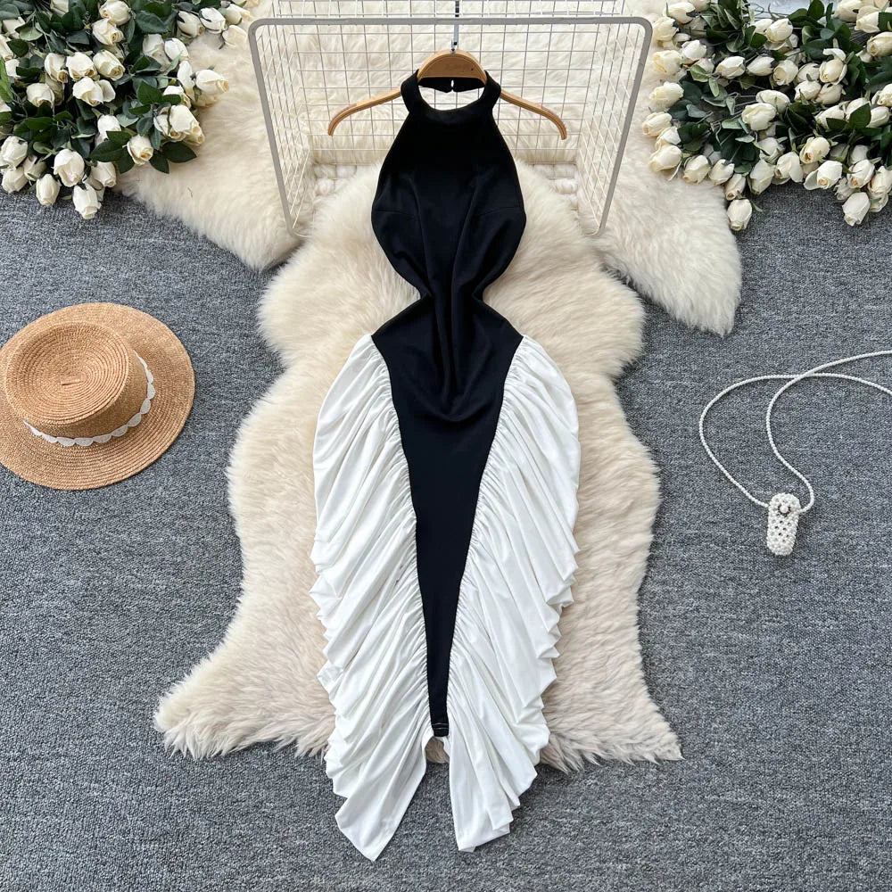 M&T Wear - American Sexy Halter Dress Female Sleeveless Backless Trendy Patchwork Irregular Long Dress