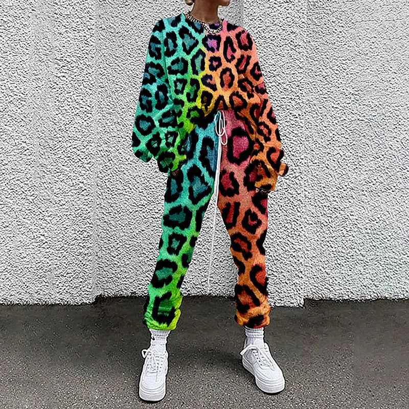 M&T Wear - Women Tracksuit Hipster Street Style Colorful Leopard Printed Casual Full Sleeve O Neck Sweatshirt + Drawstring Pants Two-pieces