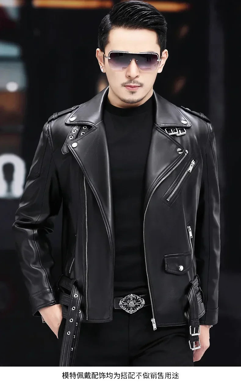 M&T Wear - Men Outdoor Sport Leather Jacket Motorcycle Cool Coat Jacket Men Lapel Leather Jackets Mens Fashion Clothing Real Leather Coat