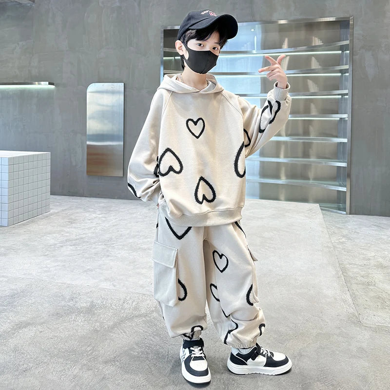 M&T Wear - Tracksuits for Kids 2025 Autumn Heart Print Casual School Boys Girls Hoodies+Pants Suits 5-14Years Teen Children Clothes Outfits