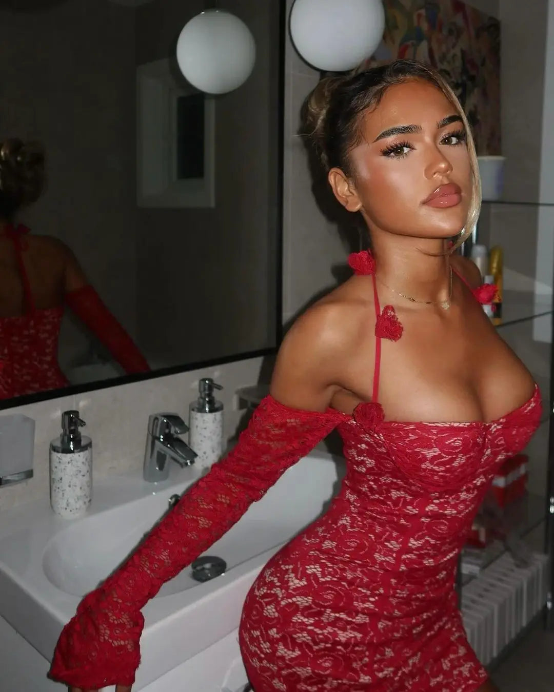 M&T Wear - Fancy Lace Summer Dresses 2025 Flare Sleeve Short Elegant Party Dresses Red Halter FloralLove Luxury Prom Dress