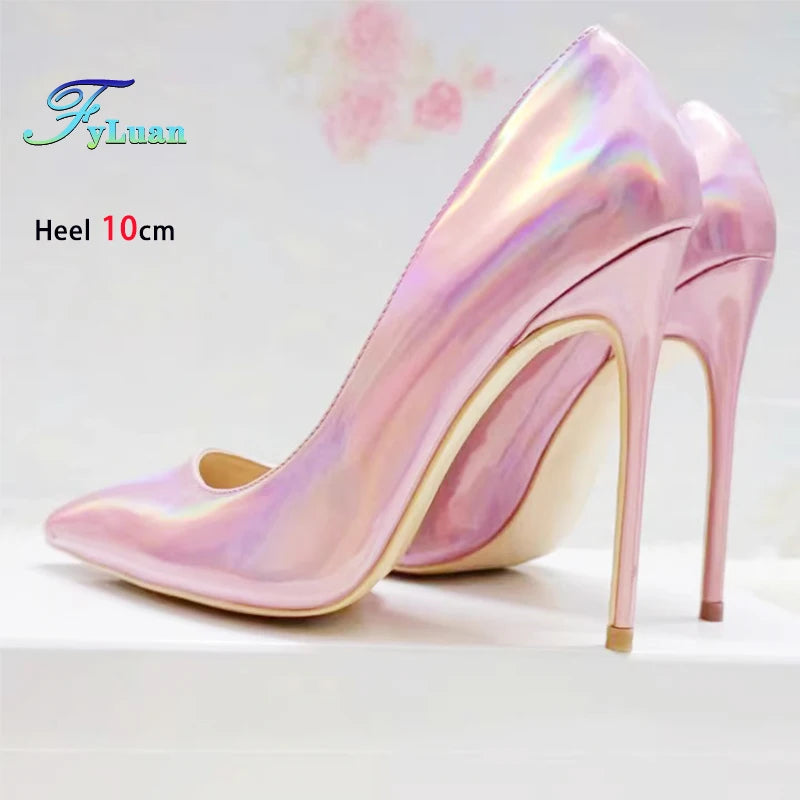 M&T Wear - New Party Banquet High Heels For Women Temperament Single Shoes 10CM 12CM Fashion Pointed Laser Holographic Summer Pumps