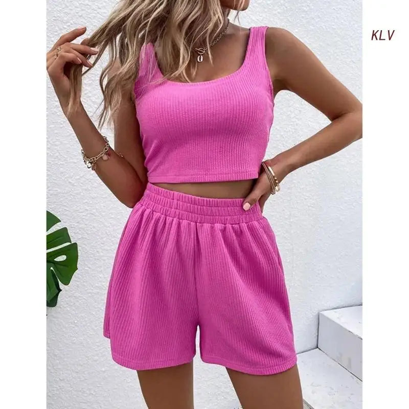 M&T Wear - Women Tracksuit Set 2 Piece Two Piece Outfits For Women Sexy Shorts Set Ribbed Top And Shorts Set Lounge Set