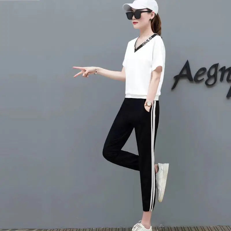 M&T Wear - Tracksuits Women 2 Pieces Sets Casual Short Sleeve V-Neck Pullover Tops Trousers Sportswear Suit 2025 New Elegant Female Clothes