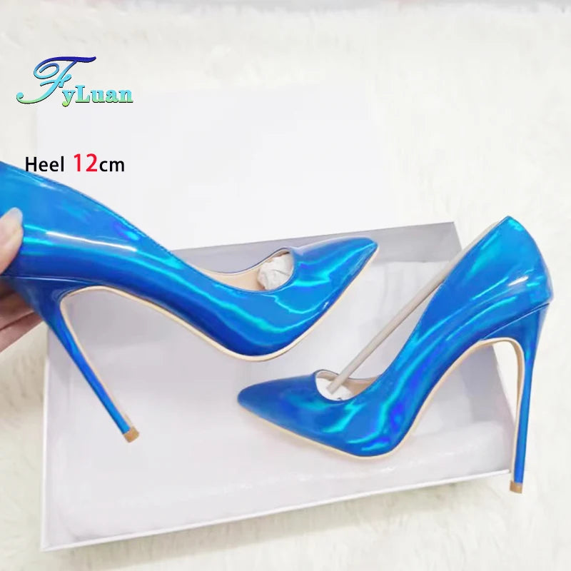 M&T Wear - New Party Banquet High Heels For Women Temperament Single Shoes 10CM 12CM Fashion Pointed Laser Holographic Summer Pumps