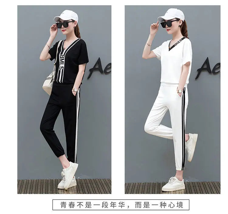 M&T Wear - Tracksuits Women 2 Pieces Sets Casual Short Sleeve V-Neck Pullover Tops Trousers Sportswear Suit 2025 New Elegant Female Clothes