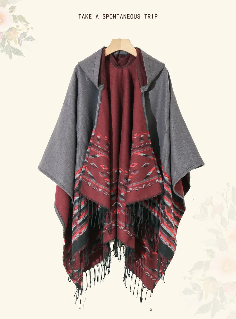 M&T Wear - Winter New Bohemian Shawl Men Ponchos Cashmere Blend Cape Coat Fringe Poncho Vintage Tassel Scarf Hooded Wraps Outwear