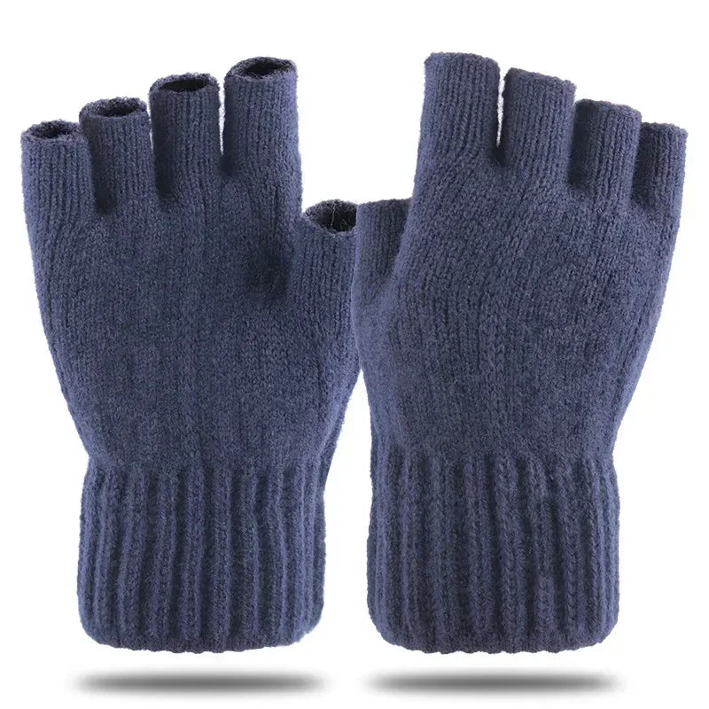 M&T Wear - Winter Gloves For Men Half Finger Writing Office Cycling Knitted Gloves Students Alpaca Wool Warm Thick Elastic Driving Gloves