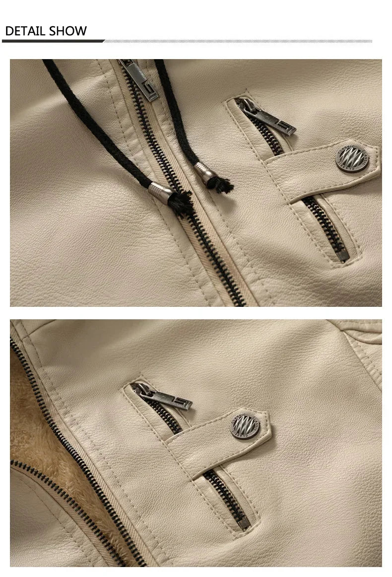 M&T Wear - Faux Leather Jacket Men Fashion Men's Hooded Jackets Autumn Winter Military Style Outwear Zipper Pockets Coat Detachable Hat