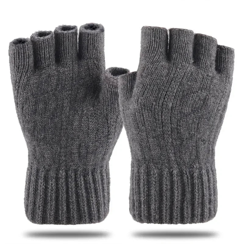 M&T Wear - Winter Gloves For Men Half Finger Writing Office Cycling Knitted Gloves Students Alpaca Wool Warm Thick Elastic Driving Gloves