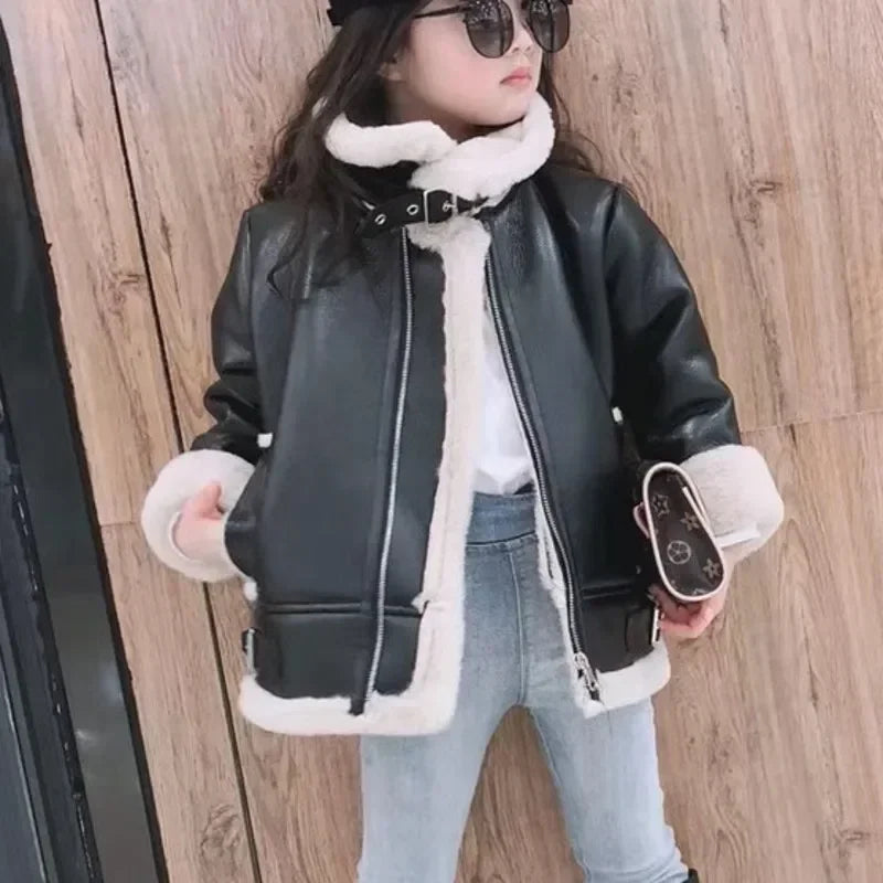 M&T Wear - Girls Jacket Leather Motorcycle Kids Coats Fleece Children Jacket Winter Autumn