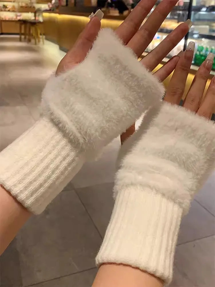M&T Wear - Soft Winter Half Finger Gloves Women Warm Luxury Solid White Plush Knitted Fingerless Gloves Wrist Mittens Writting
