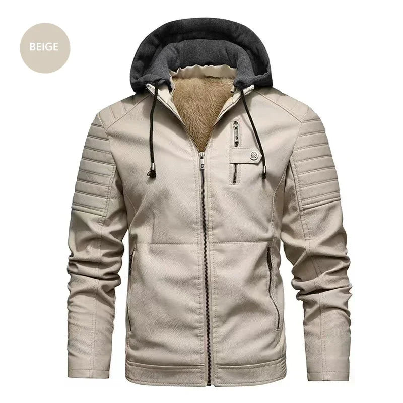 M&T Wear - Faux Leather Jacket Men Fashion Men's Hooded Jackets Autumn Winter Military Style Outwear Zipper Pockets Coat Detachable Hat