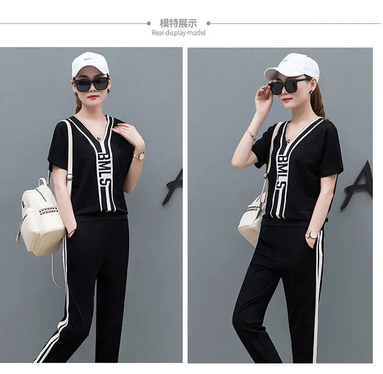 M&T Wear - Tracksuits Women 2 Pieces Sets Casual Short Sleeve V-Neck Pullover Tops Trousers Sportswear Suit 2025 New Elegant Female Clothes