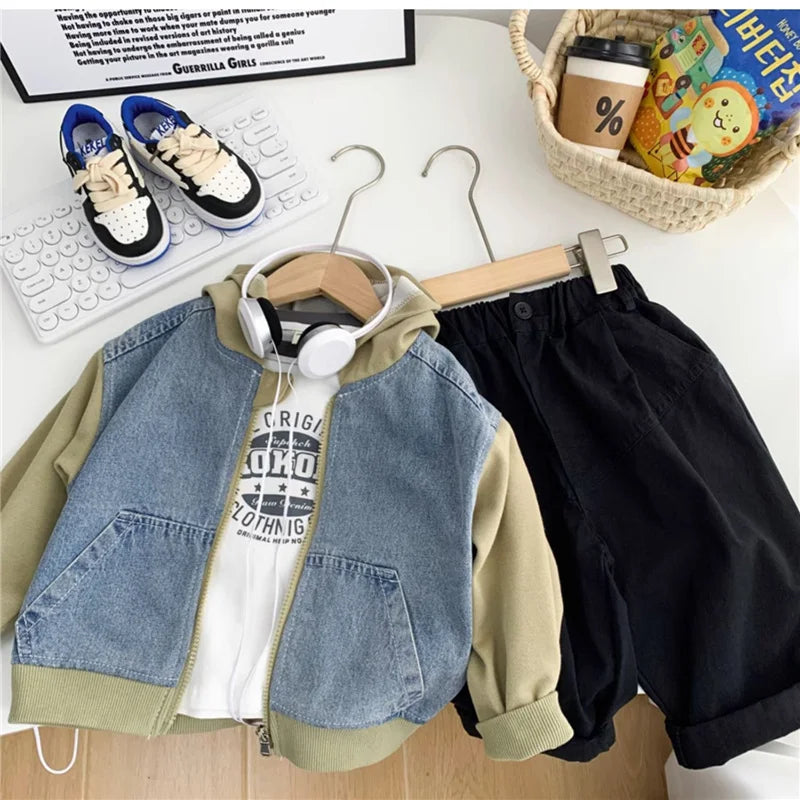 M&T Wear - Boys Jeans Jackets Spring Girls Fashion Hooded Coats Autumn Children Clothes Kids Casual Zipper Colorblocking Outerwear 1-10Y