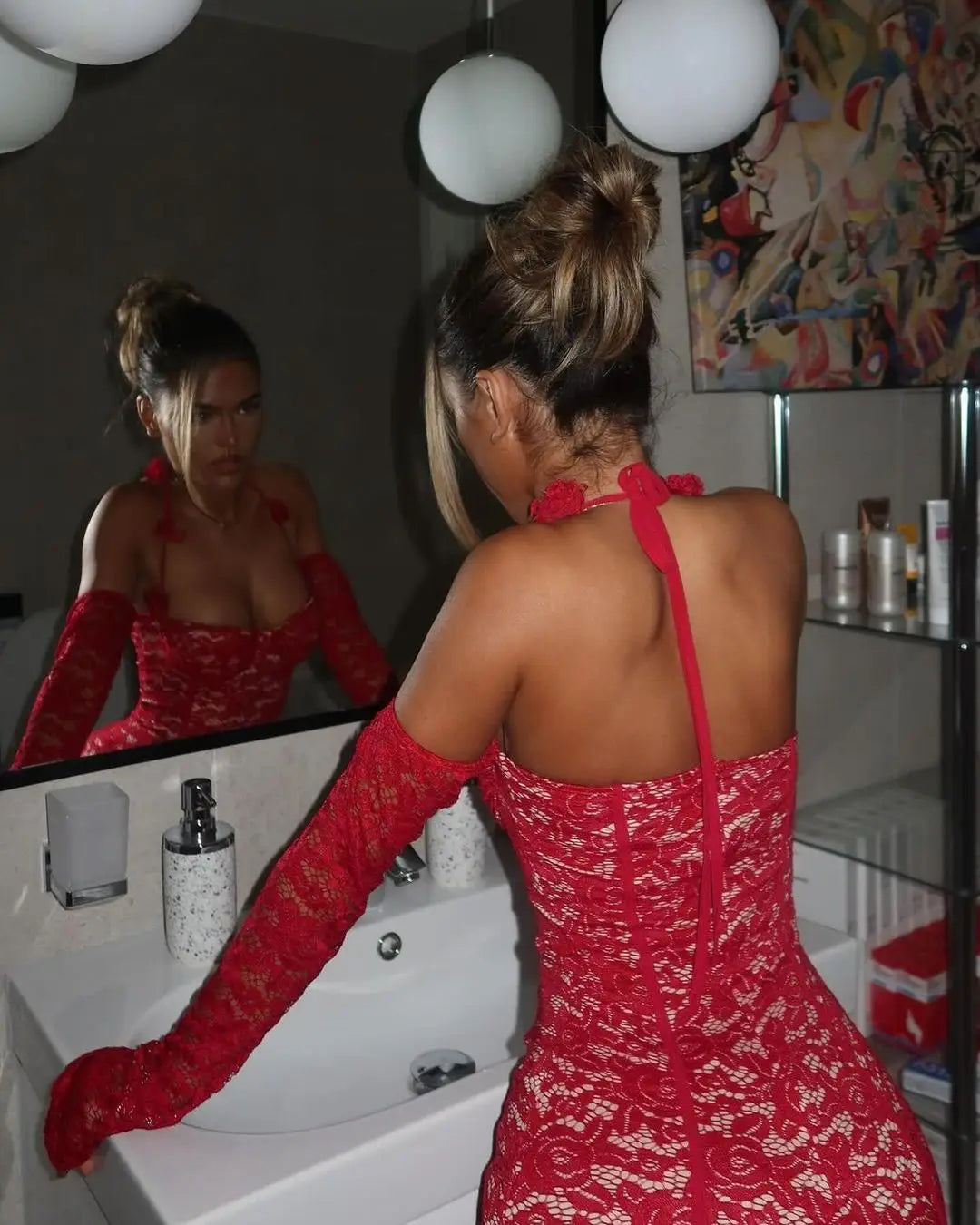 M&T Wear - Fancy Lace Summer Dresses 2025 Flare Sleeve Short Elegant Party Dresses Red Halter FloralLove Luxury Prom Dress