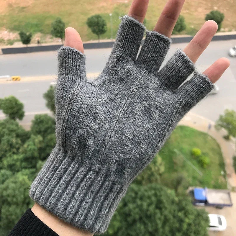 M&T Wear - Winter Gloves For Men Half Finger Writing Office Cycling Knitted Gloves Students Alpaca Wool Warm Thick Elastic Driving Gloves
