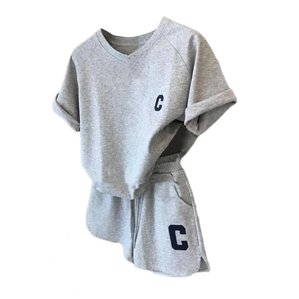 M&T Wear - Women Tracksuit C Letter Print Short Sleeve T-shirt Drawstring Shorts Sport Suit Lady Exercise T-shirt Shorts Two-piece Suit