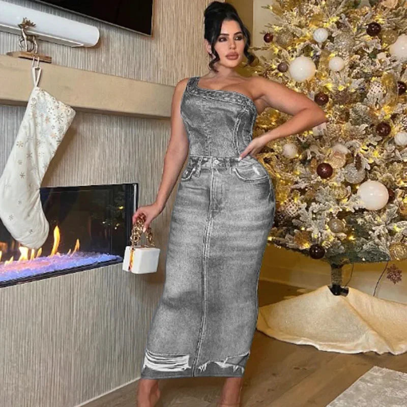 M&T Wear- Fake Denim 3D Print One Shoulder Bodycon Maxi Dress Women 2025 Party Night Sleeveless Clubwear Birthday Long Dresses Vestido