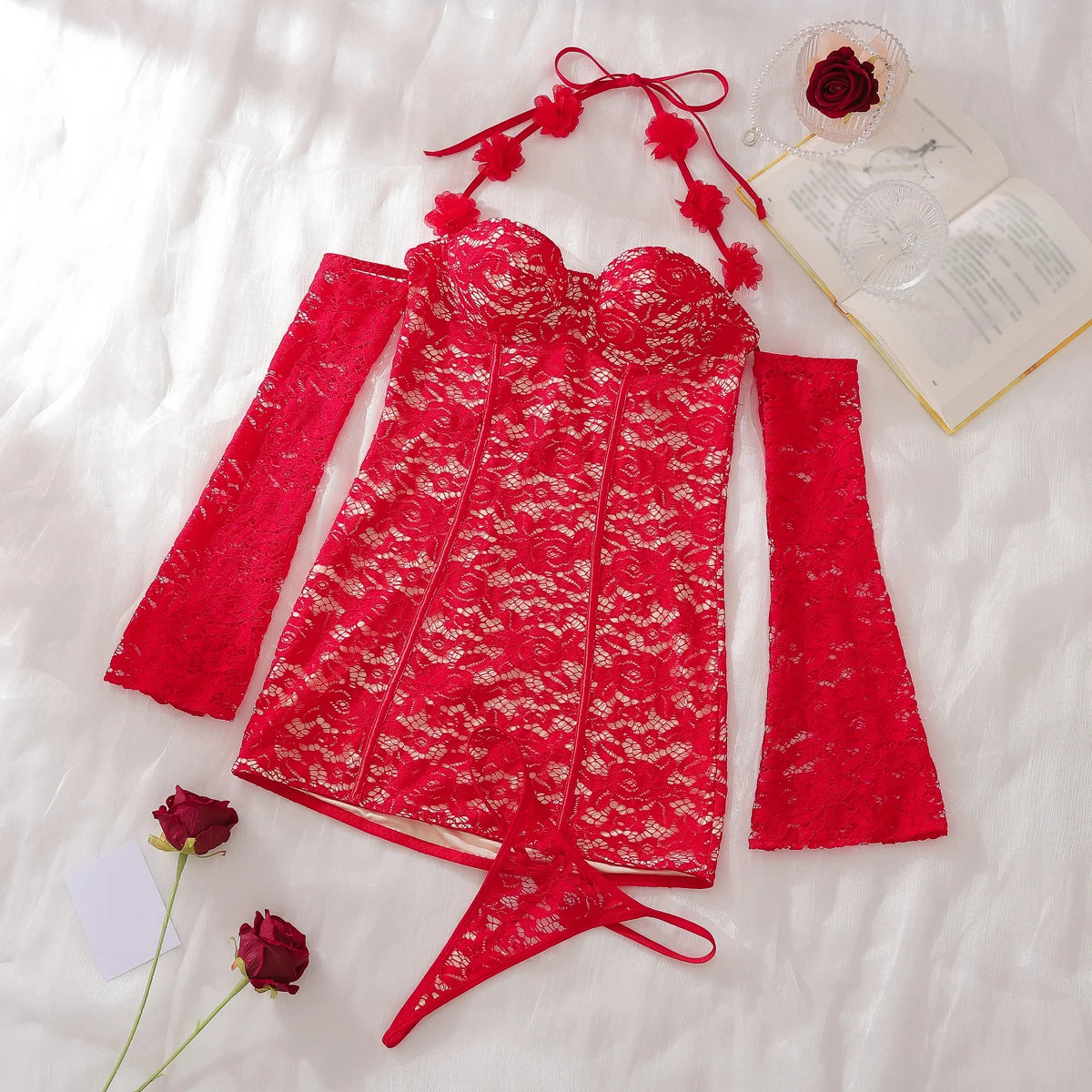 M&T Wear - Fancy Lace Summer Dresses 2025 Flare Sleeve Short Elegant Party Dresses Red Halter FloralLove Luxury Prom Dress