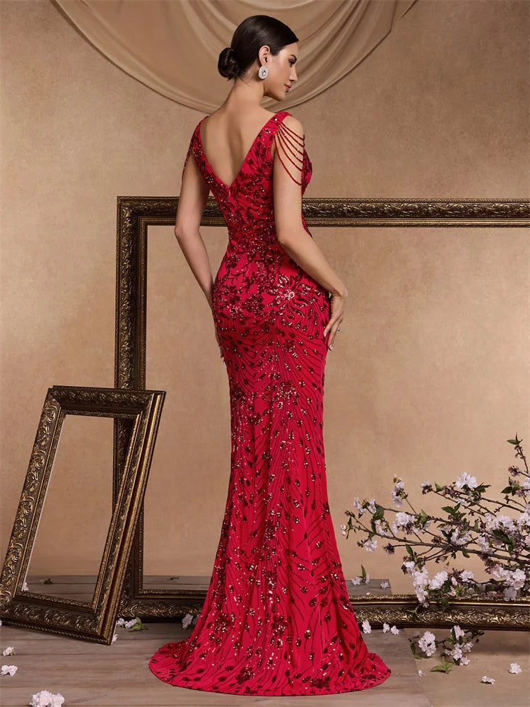 M&T Wear - Elegant Deep V-Neck Red Sequin Formal Evening Dresses Women Beading Wedding Party Mermaid Cocktail Prom Graduation Gown